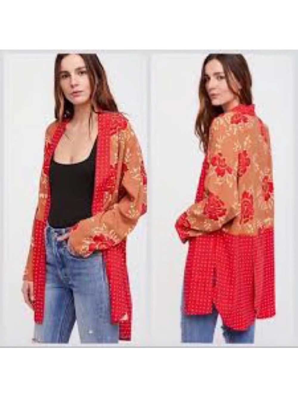 Free People Forget Me Knot Open Kimono Floral Tan Red Boho Festival XS